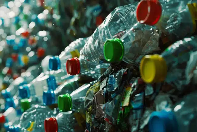 A collection of plastic bottles all stacked up on one another.